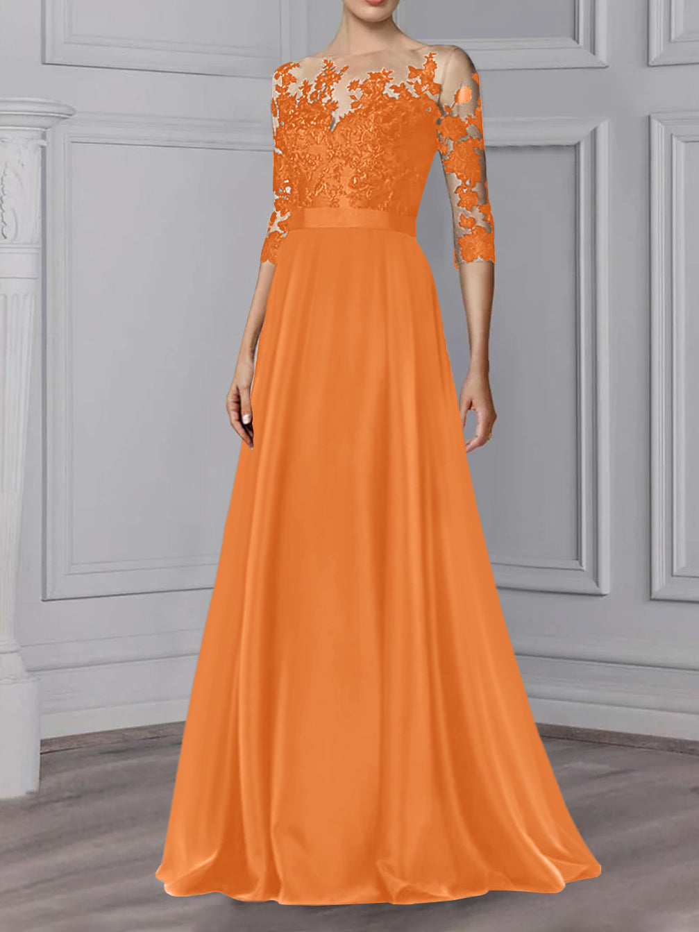 Floor Length Mother Of The Bride A Line Dress With Jewel Neck And Sleeves