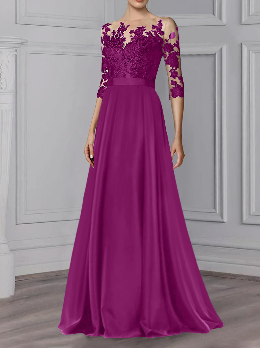 Floor Length Mother Of The Bride A Line Dress With Jewel Neck And Sleeves