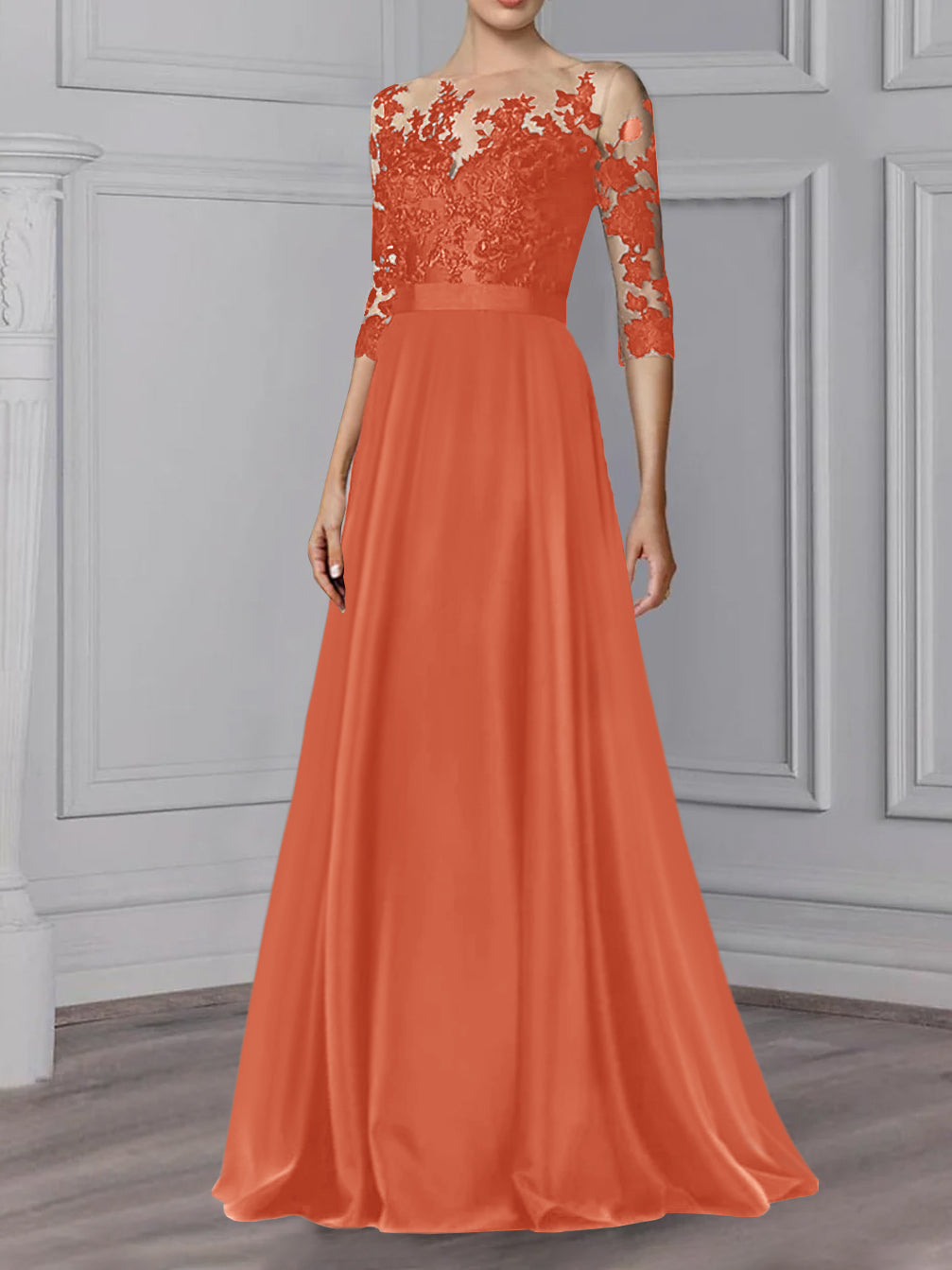 Floor Length Mother Of The Bride A Line Dress With Jewel Neck And Sleeves