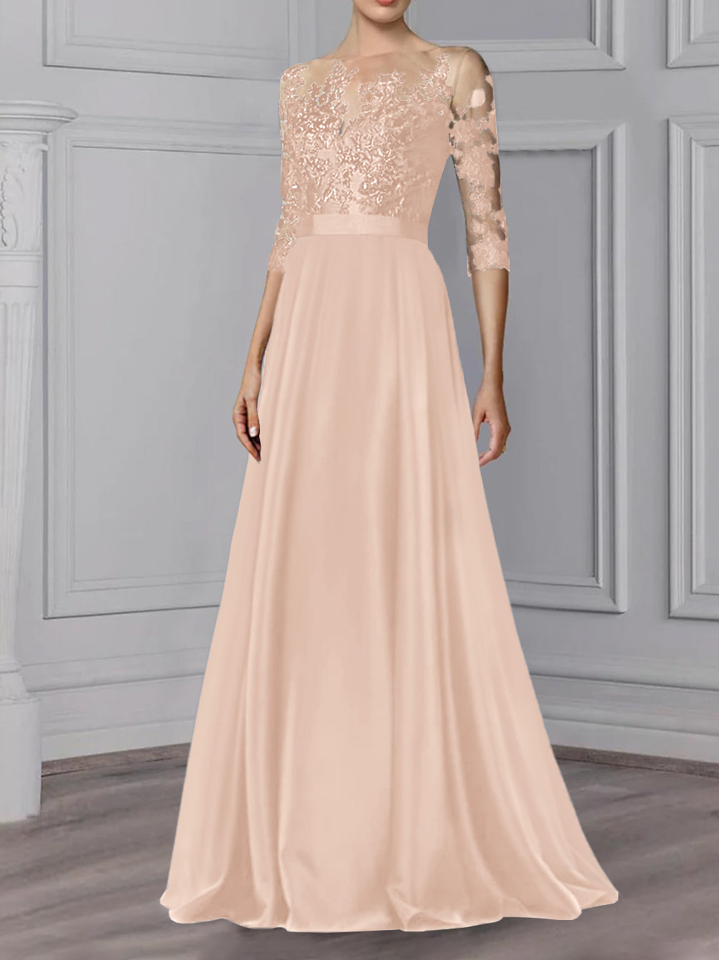 Floor Length Mother Of The Bride A Line Dress With Jewel Neck And Sleeves