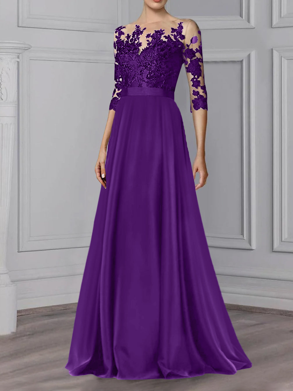 Floor Length Mother Of The Bride A Line Dress With Jewel Neck And Sleeves