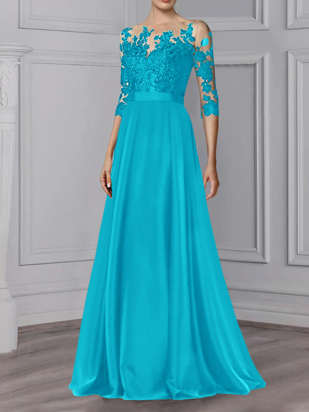 Floor Length Mother Of The Bride A Line Dress With Jewel Neck And Sleeves