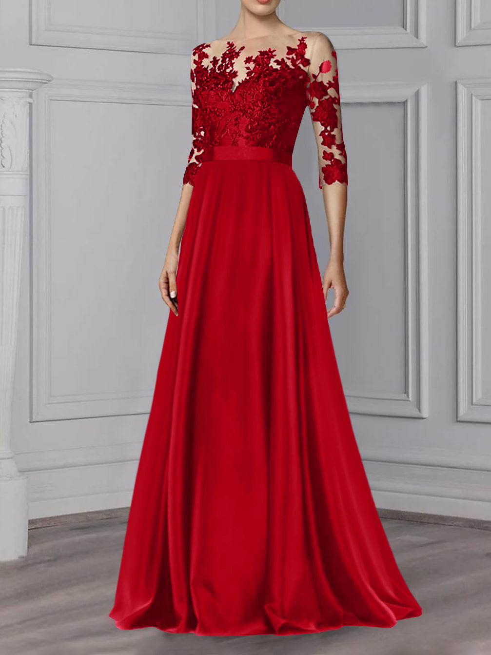Floor Length Mother Of The Bride A Line Dress With Jewel Neck And Sleeves