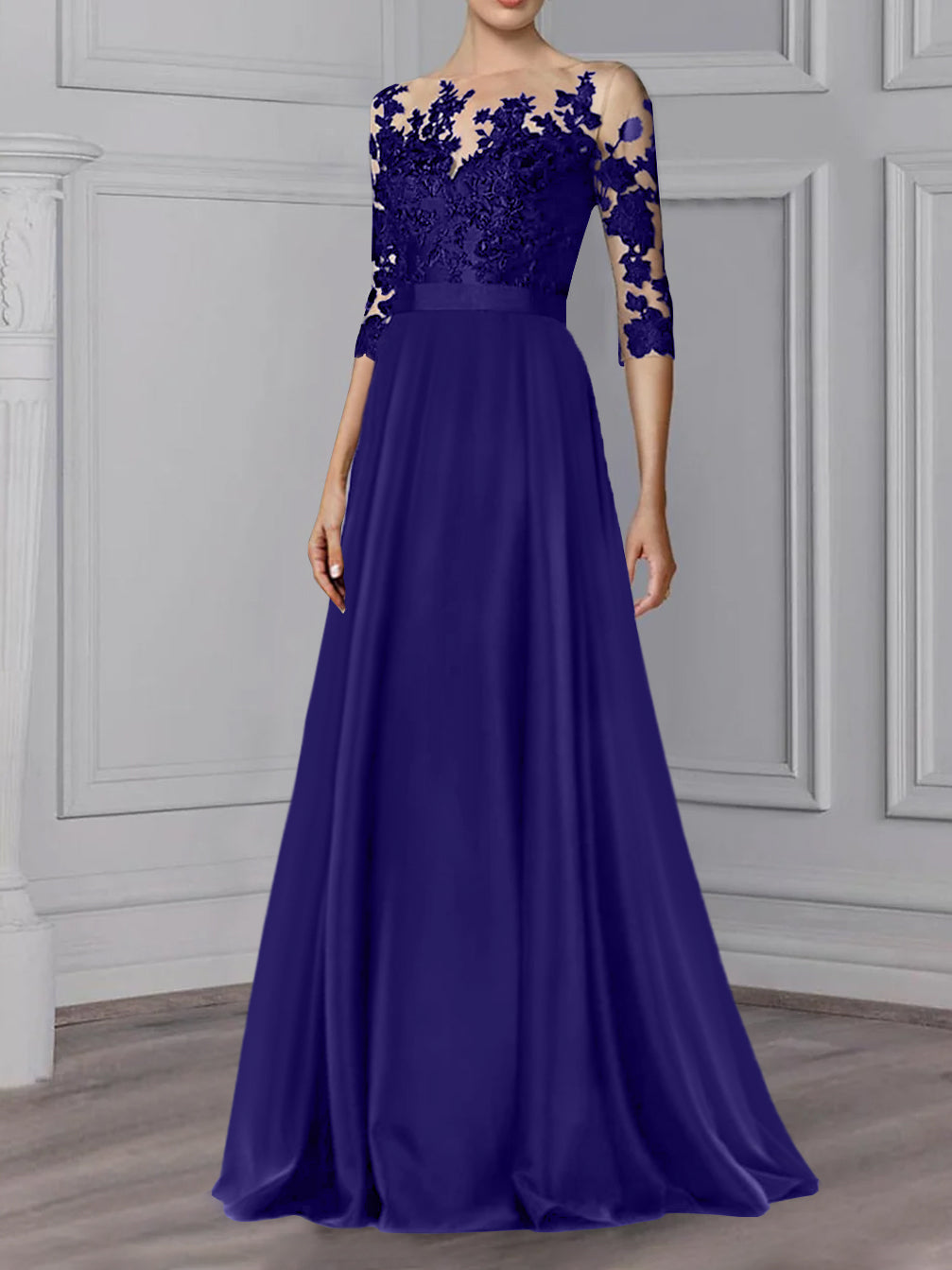 Floor Length Mother Of The Bride A Line Dress With Jewel Neck And Sleeves