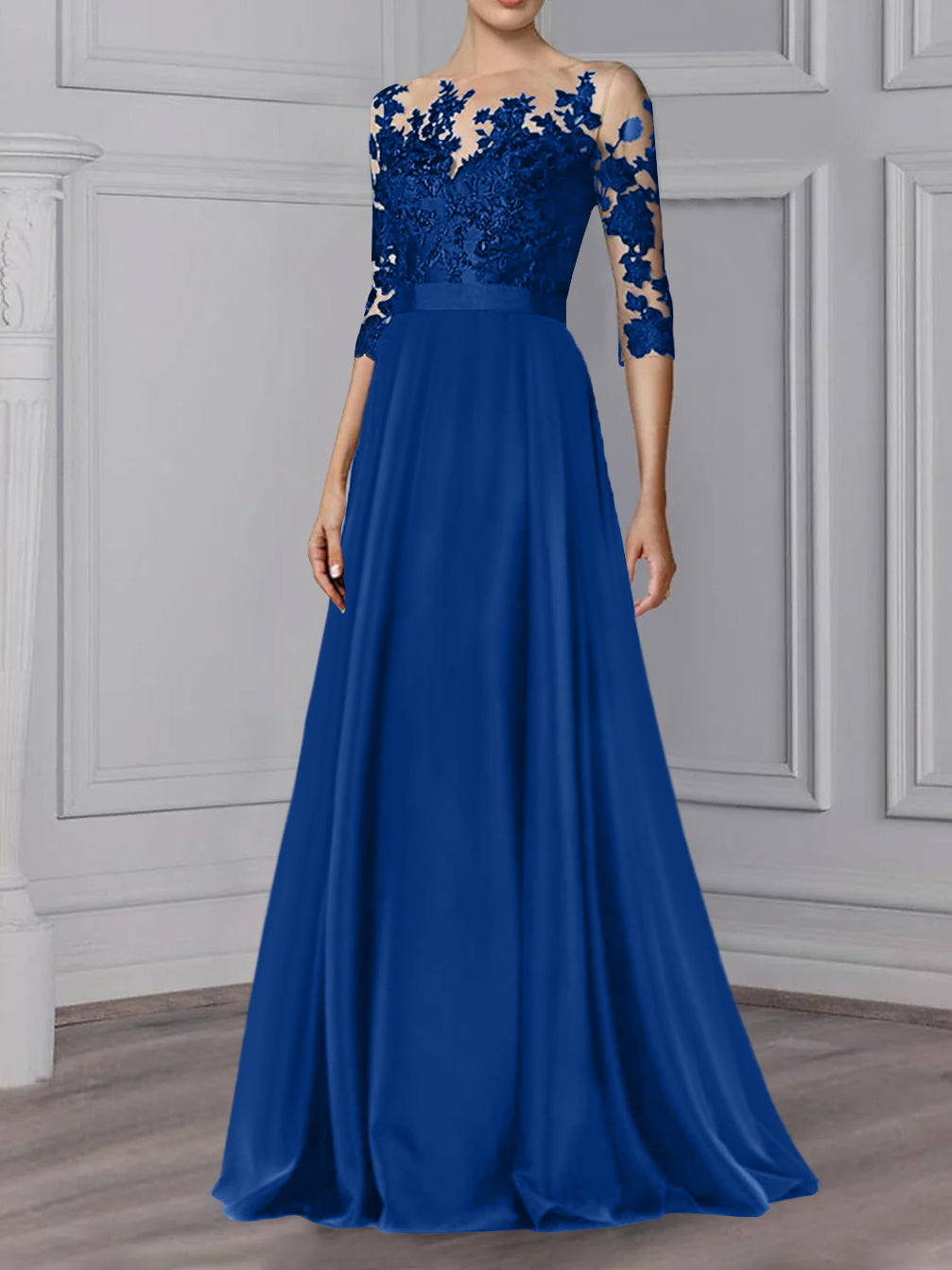 Floor Length Mother Of The Bride A Line Dress With Jewel Neck And Sleeves