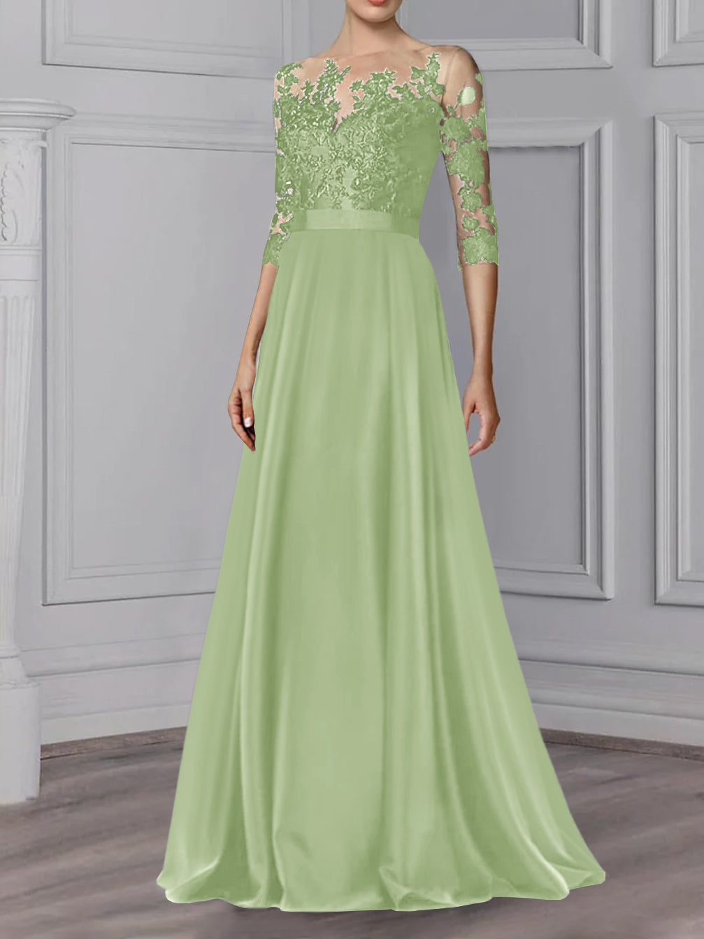 Floor Length Mother Of The Bride A Line Dress With Jewel Neck And Sleeves