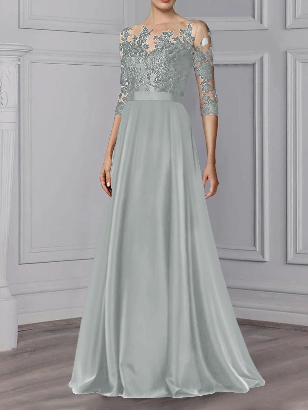 Floor Length Mother Of The Bride A Line Dress With Jewel Neck And Sleeves