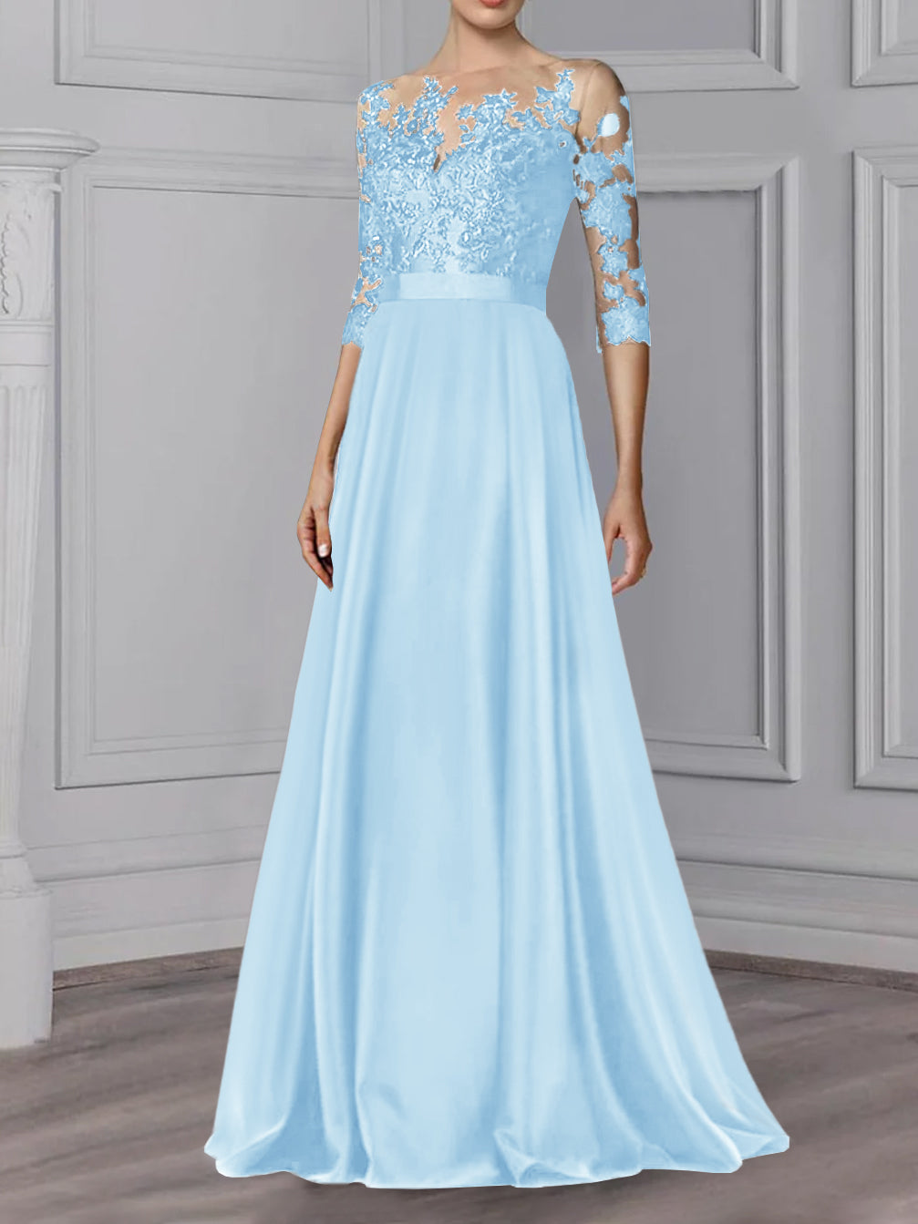 Floor Length Mother Of The Bride A Line Dress With Jewel Neck And Sleeves