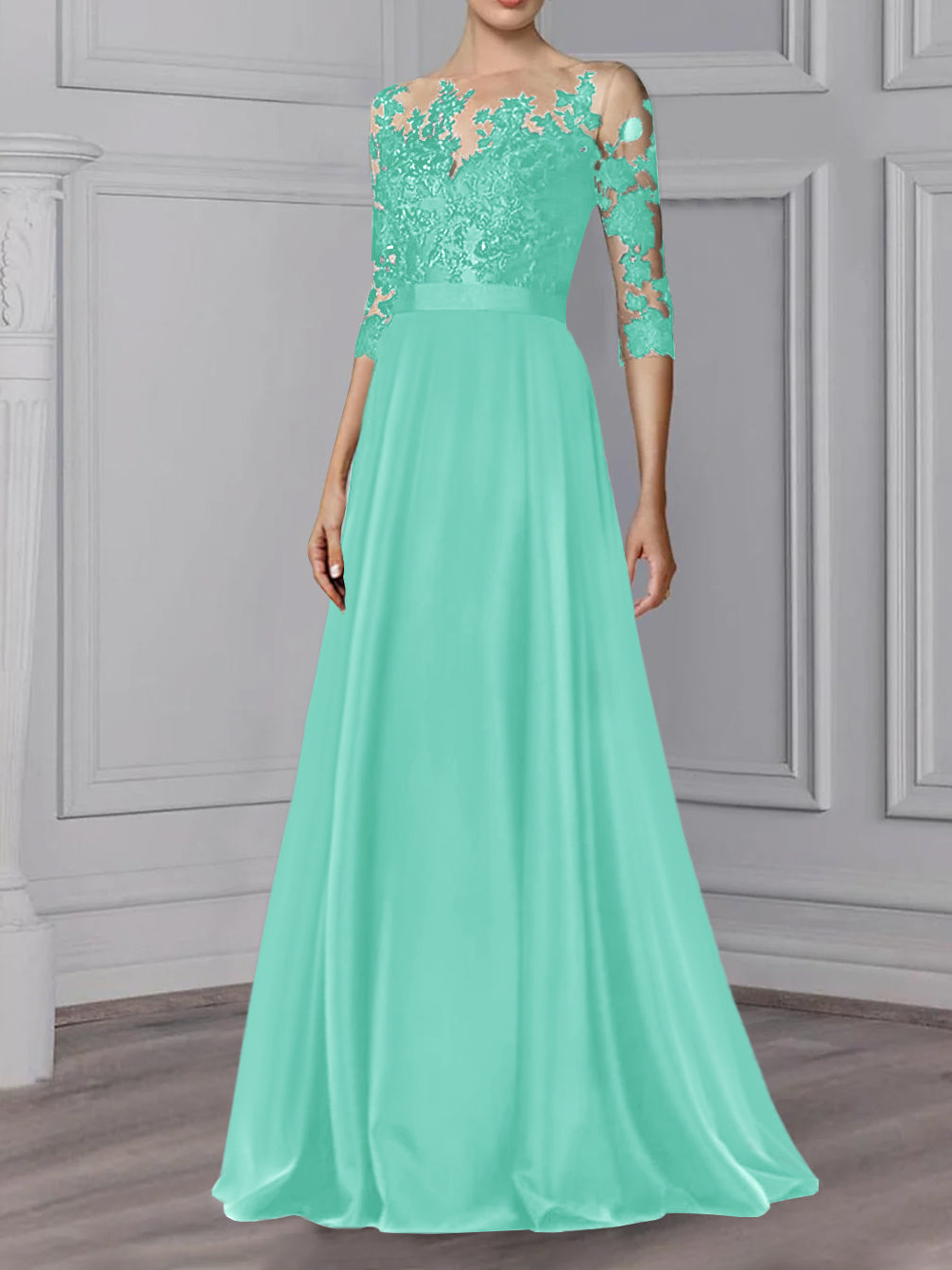 Floor Length Mother Of The Bride A Line Dress With Jewel Neck And Sleeves