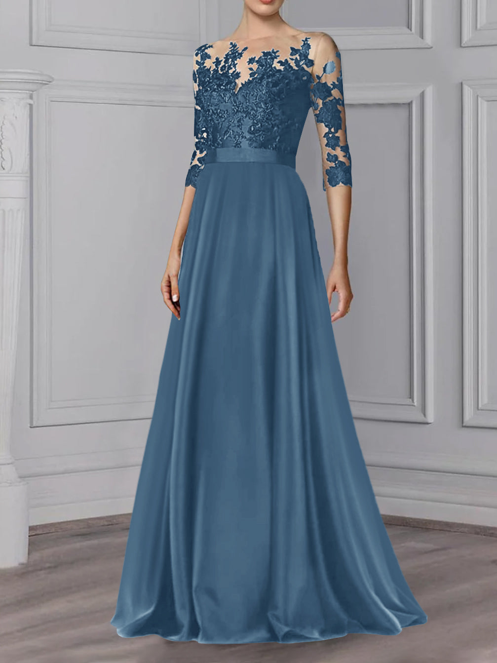 Floor Length Mother Of The Bride A Line Dress With Jewel Neck And Sleeves