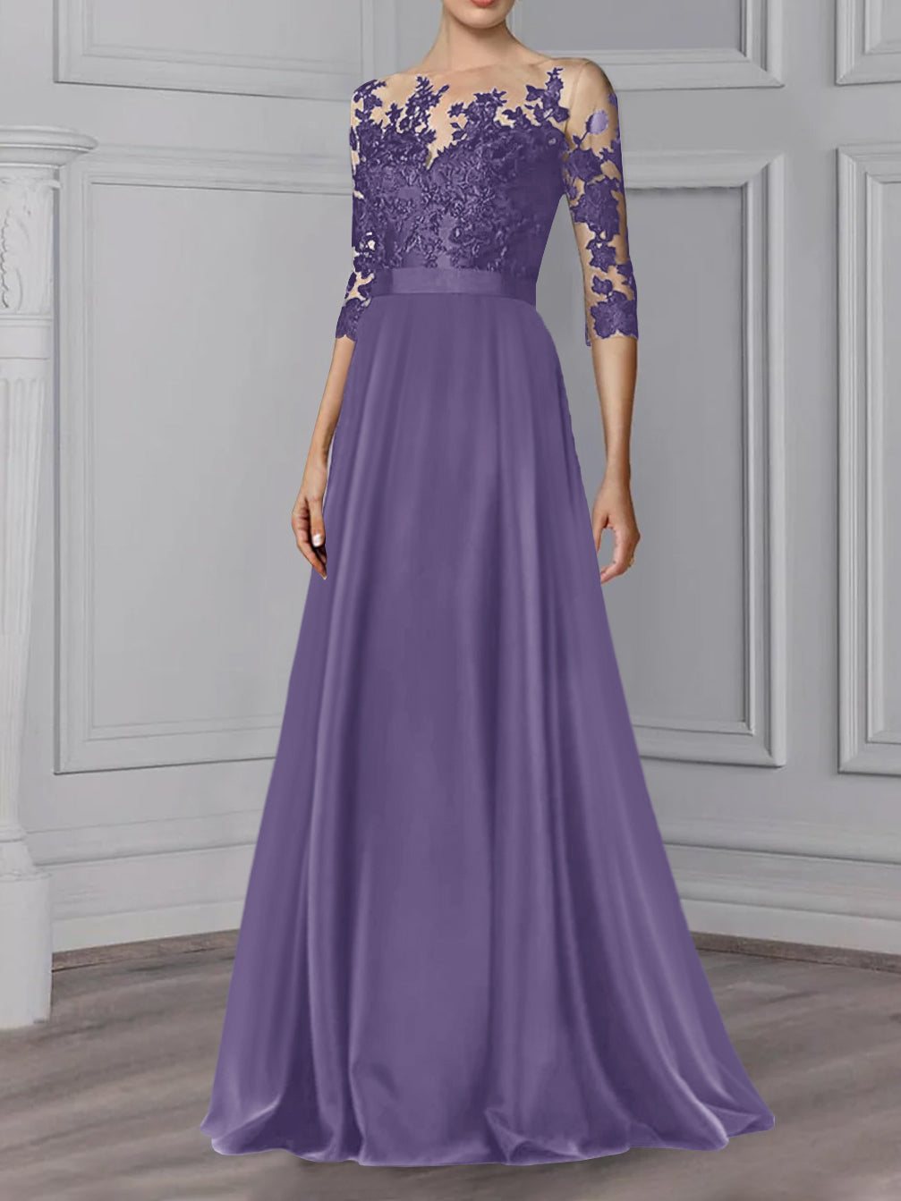 Floor Length Mother Of The Bride A Line Dress With Jewel Neck And Sleeves