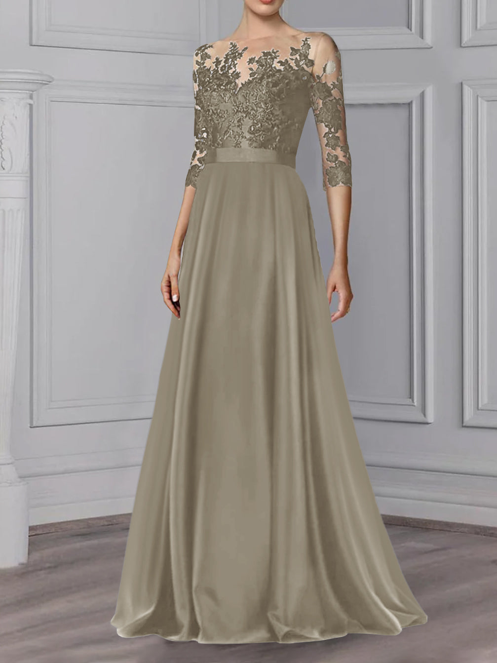 Floor Length Mother Of The Bride A Line Dress With Jewel Neck And Sleeves
