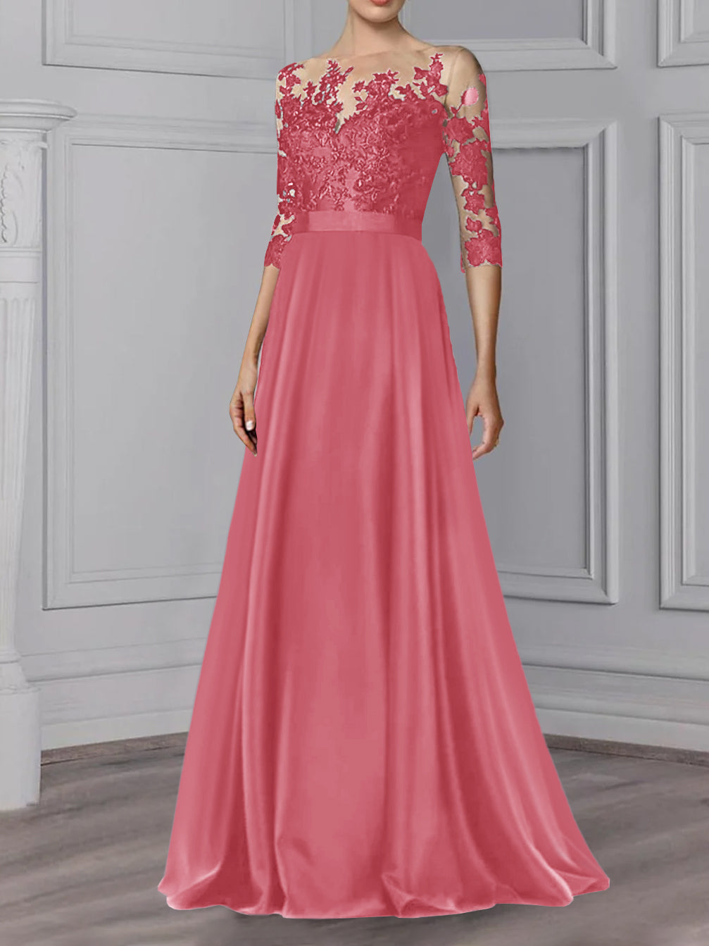 Floor Length Mother Of The Bride A Line Dress With Jewel Neck And Sleeves
