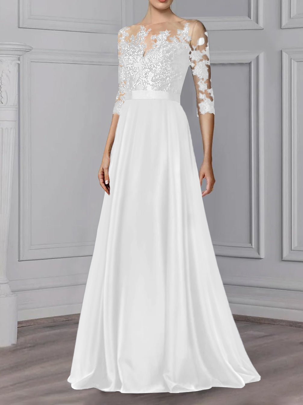 Floor Length Mother Of The Bride A Line Dress With Jewel Neck And Sleeves