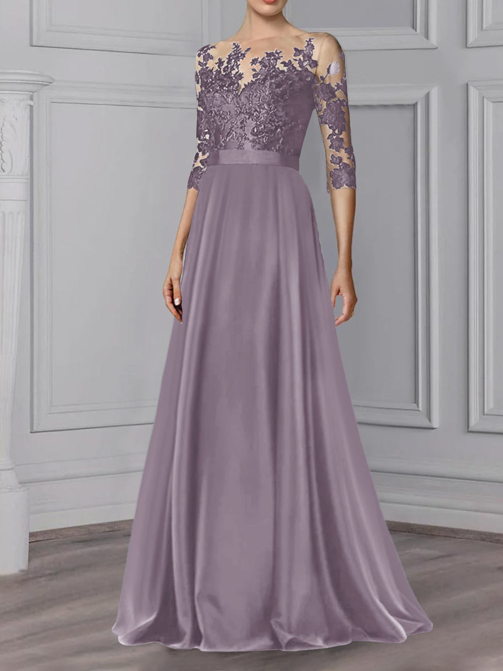 Floor Length Mother Of The Bride A Line Dress With Jewel Neck And Sleeves