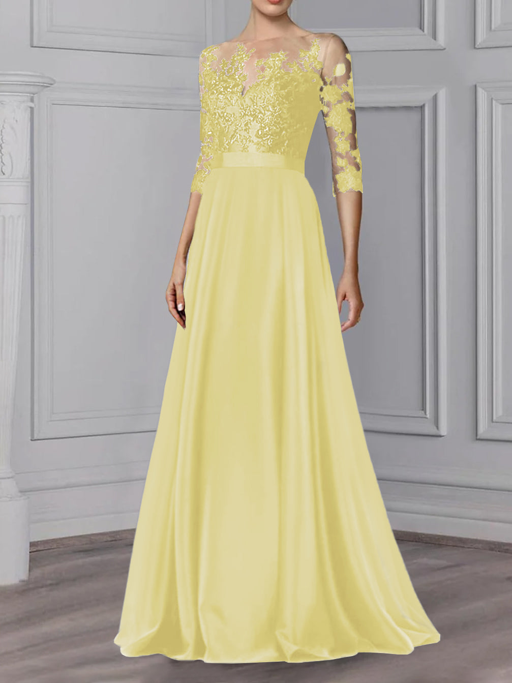Floor Length Mother Of The Bride A Line Dress With Jewel Neck And Sleeves