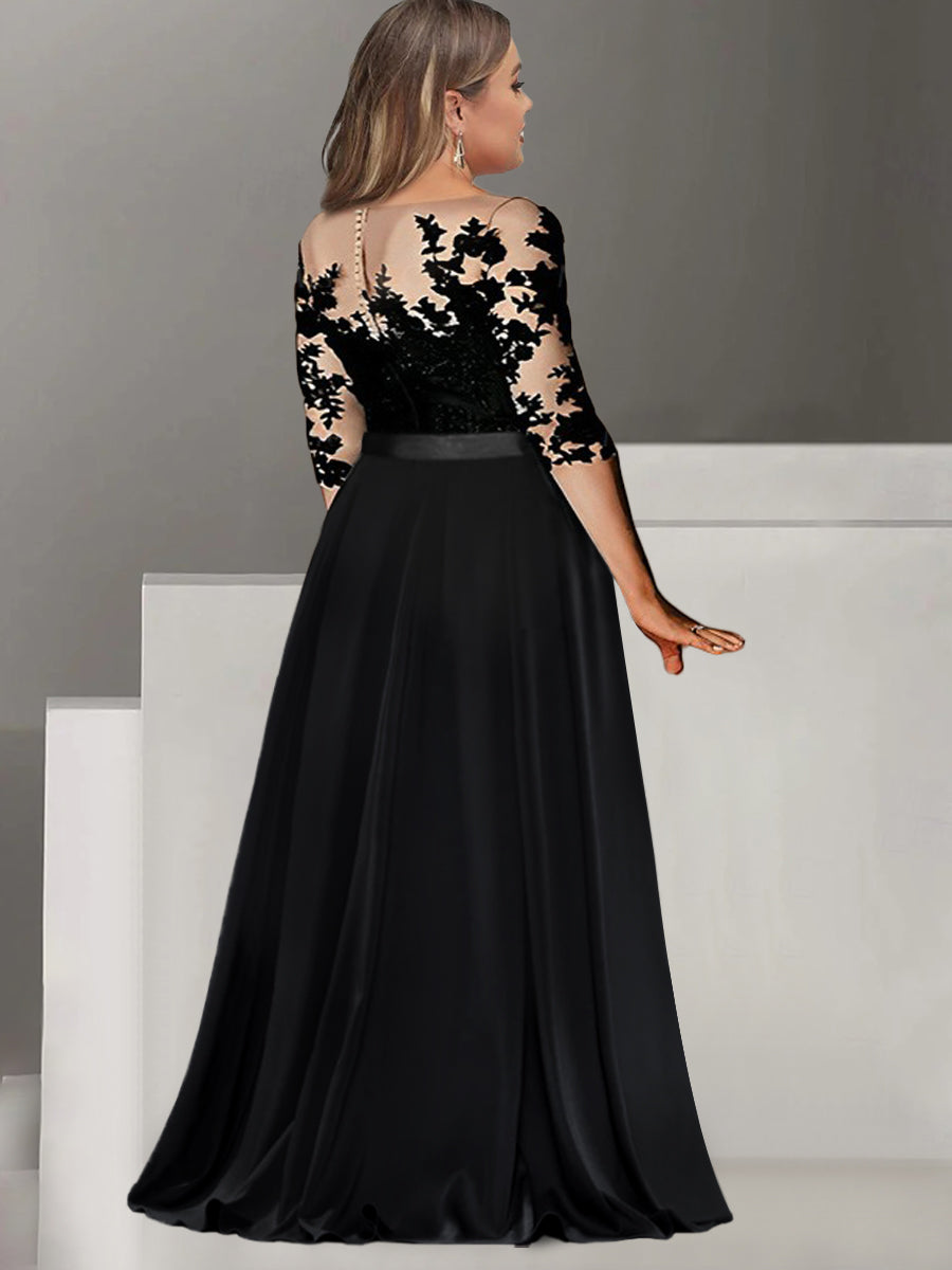 Floor Length Mother Of The Bride A Line Dress With Jewel Neck And Sleeves