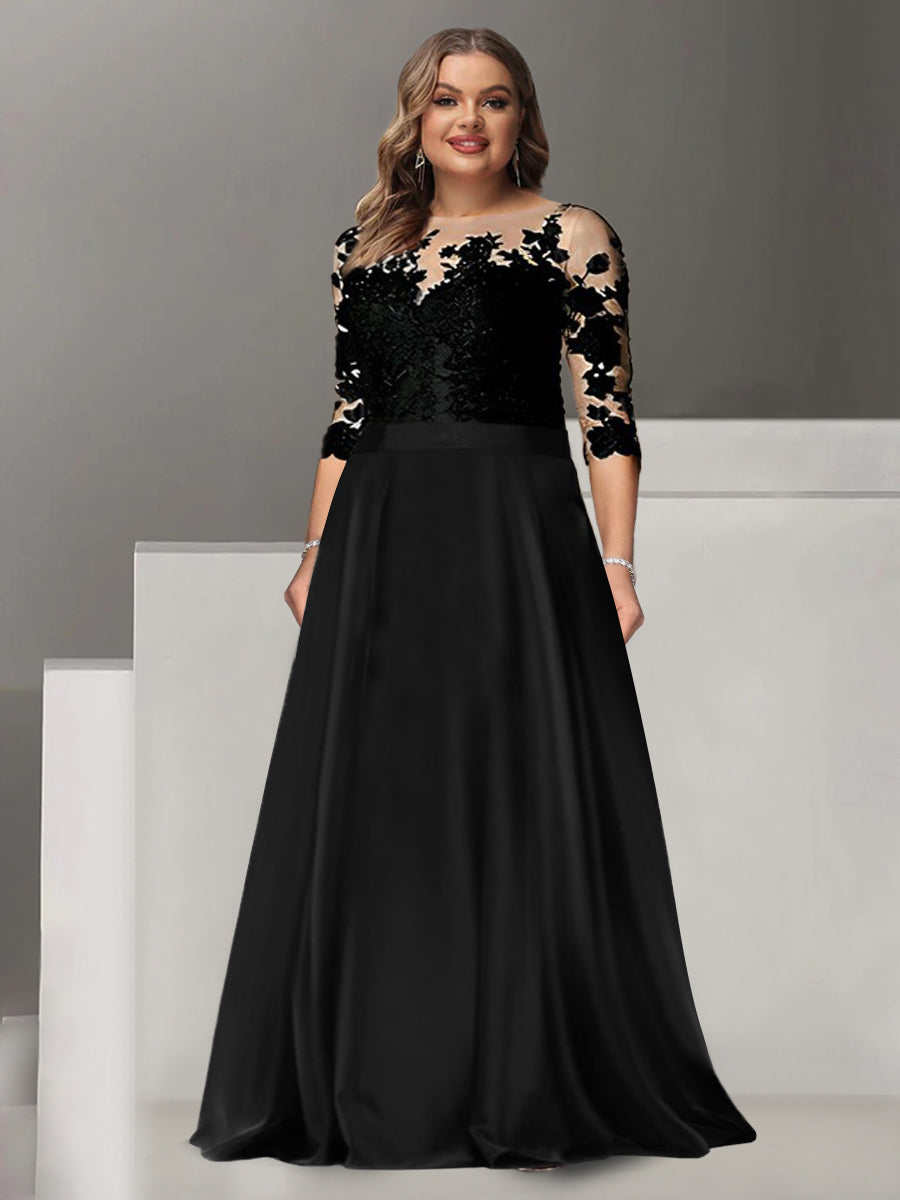 Floor Length Mother Of The Bride A Line Dress With Jewel Neck And Sleeves