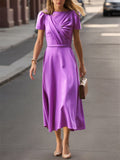 Tea Length Ruffled A Line Dress For Mother Of The Bride Short Sleeve Gown