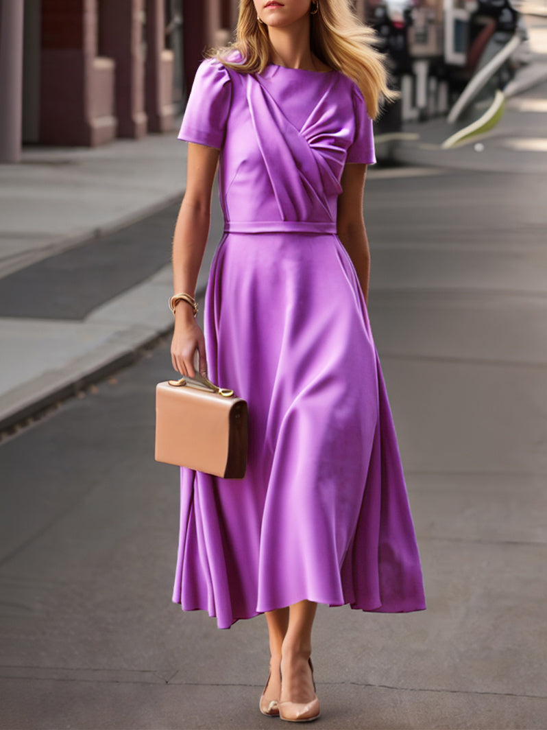 Tea Length Ruffled A Line Dress For Mother Of The Bride Short Sleeve Gown