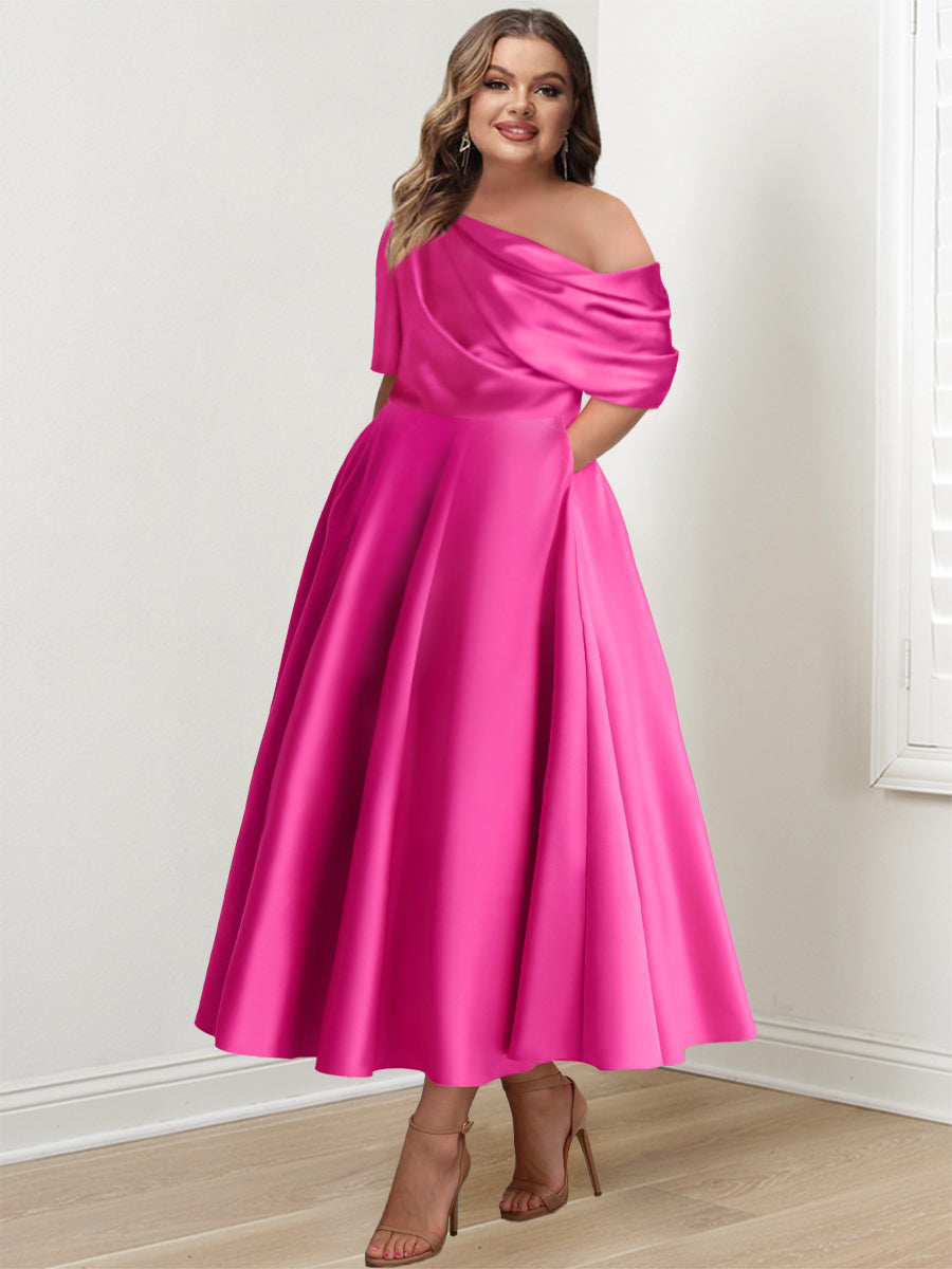 Plus Size A Line Princess Mother Of The Bride Dress One Shoulder Ruffles Sleeves