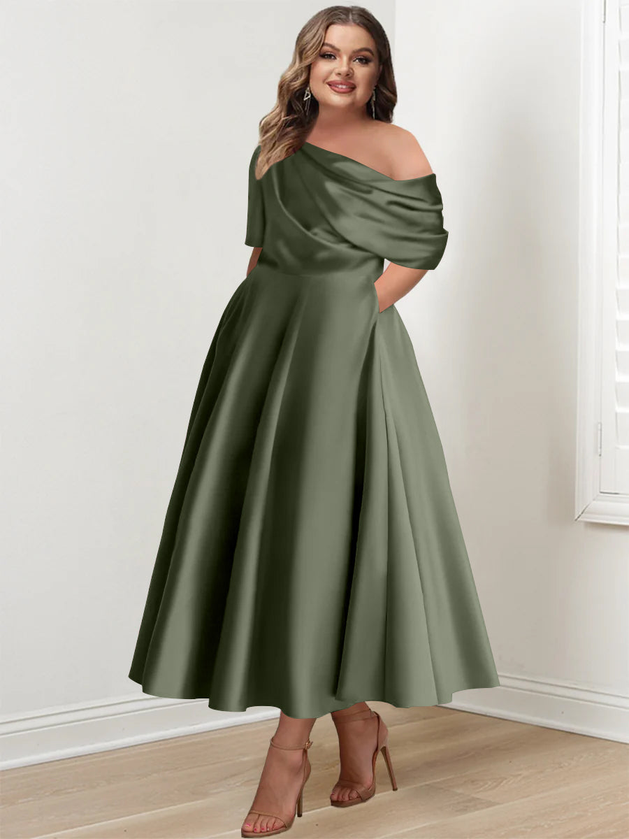 Plus Size A Line Princess Mother Of The Bride Dress One Shoulder Ruffles Sleeves
