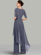 Two Piece Chiffon Mother Of The Bride Pantsuit With Jewel Neck Half Sleeves