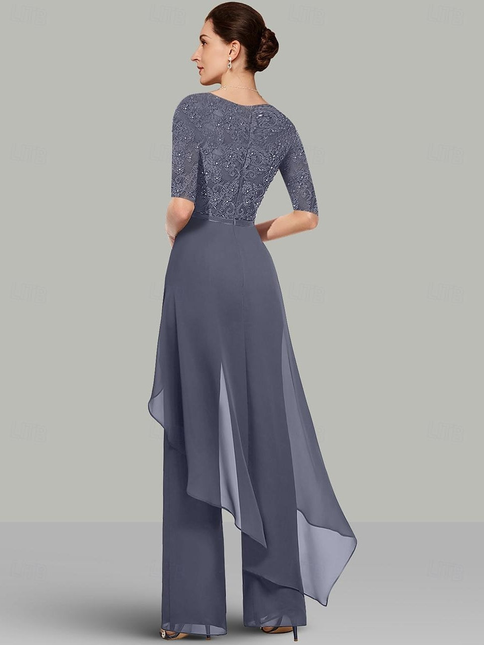 Two Piece Chiffon Mother Of The Bride Pantsuit With Jewel Neck Half Sleeves