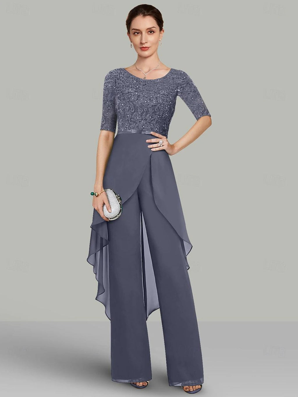 Two Piece Chiffon Mother Of The Bride Pantsuit With Jewel Neck Half Sleeves