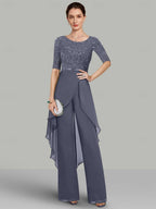 Two Piece Chiffon Mother Of The Bride Pantsuit With Jewel Neck Half Sleeves