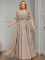 Plus Size Floor Length A Line Mother Of Bride With Scoop Neck Sequin Sleeves