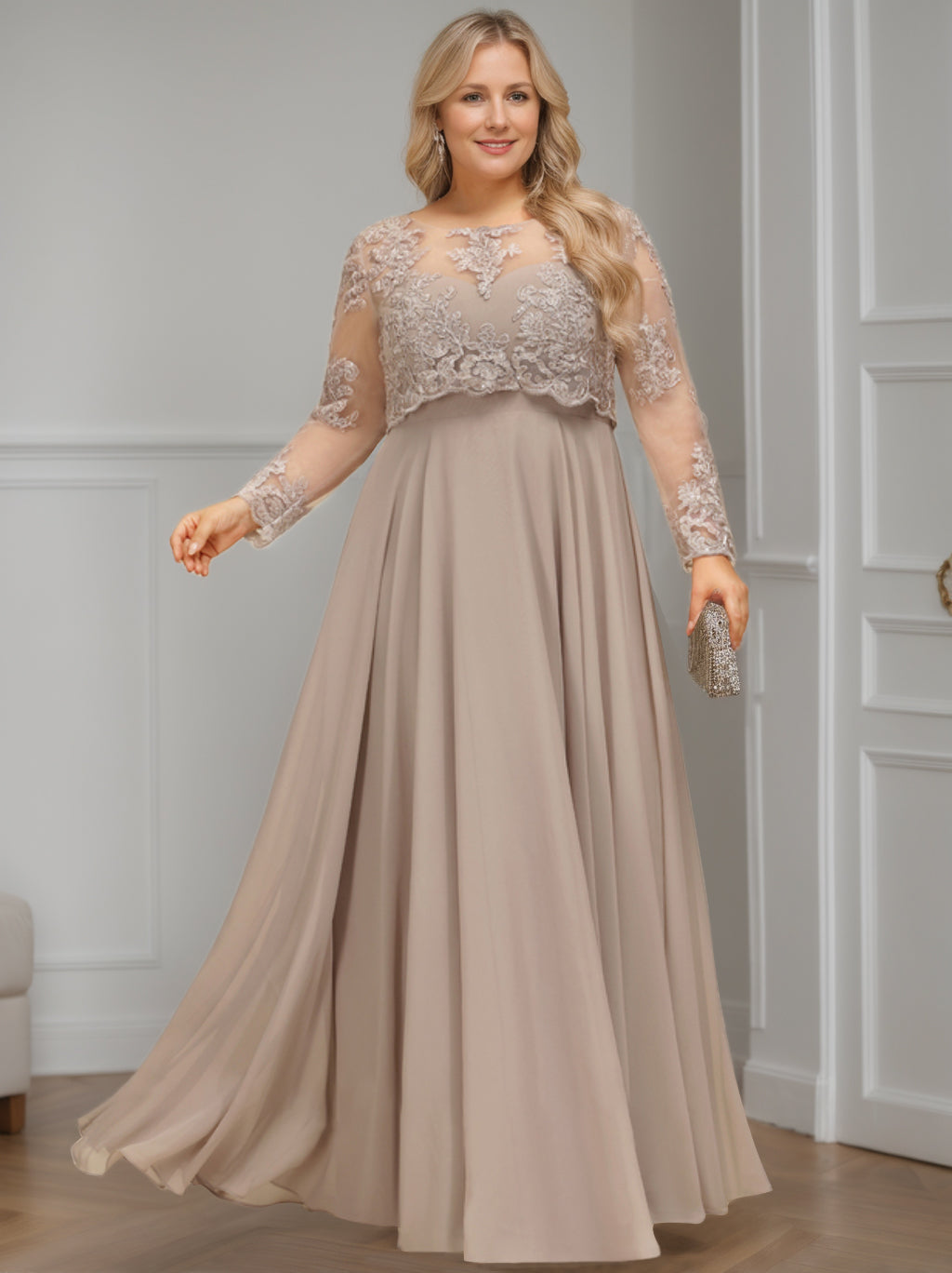 Plus Size Floor Length A Line Mother Of Bride With Scoop Neck Sequin Sleeves