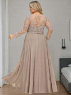 Plus Size Floor Length A Line Mother Of Bride With Scoop Neck Sequin Sleeves