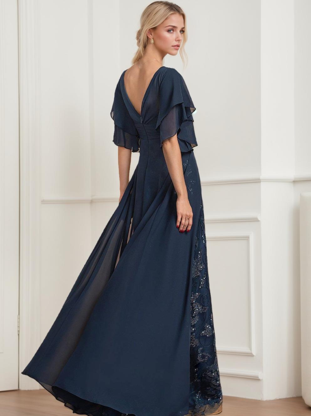 Plus Size Mother Of The Bride A Line Floor Length Dress V Neck Half Sleeves