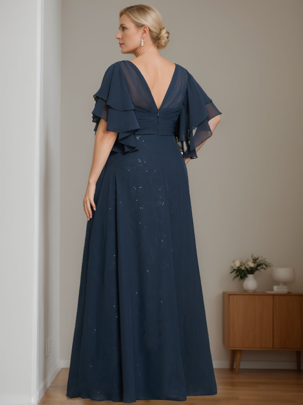 Plus Size Mother Of The Bride A Line Floor Length Dress V Neck Half Sleeves