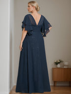 Plus Size Mother Of The Bride A Line Floor Length Dress V Neck Half Sleeves