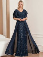 Plus Size Mother Of The Bride A Line Floor Length Dress V Neck Half Sleeves