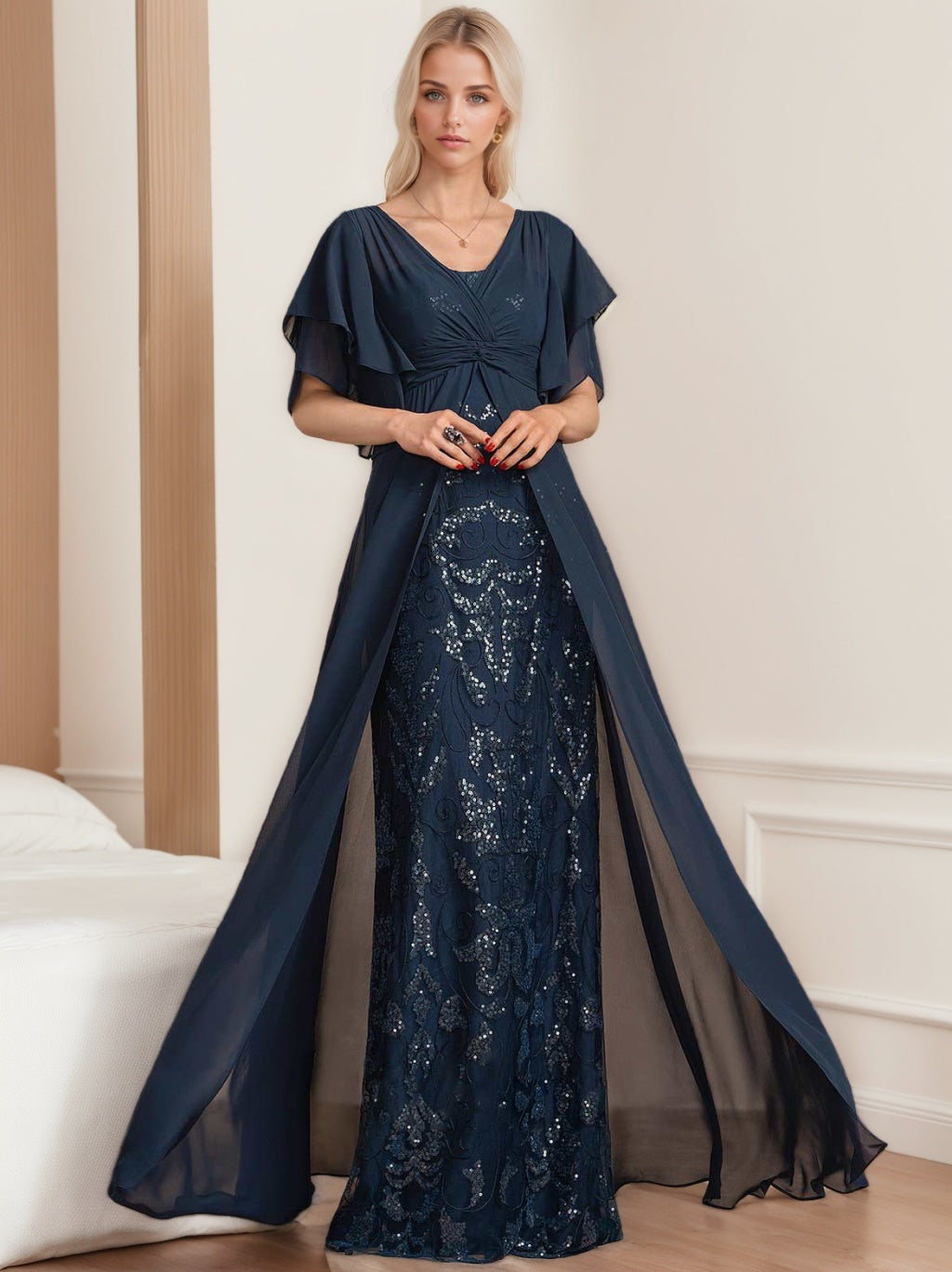 Plus Size Mother Of The Bride A Line Floor Length Dress V Neck Half Sleeves
