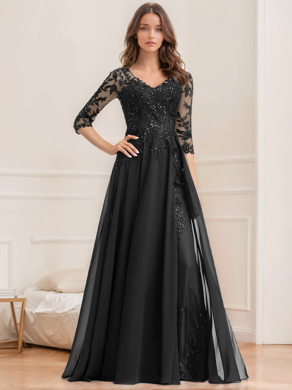 Floor Length V Neck A Line Princess Mother Of The Bride Dress With Sequins