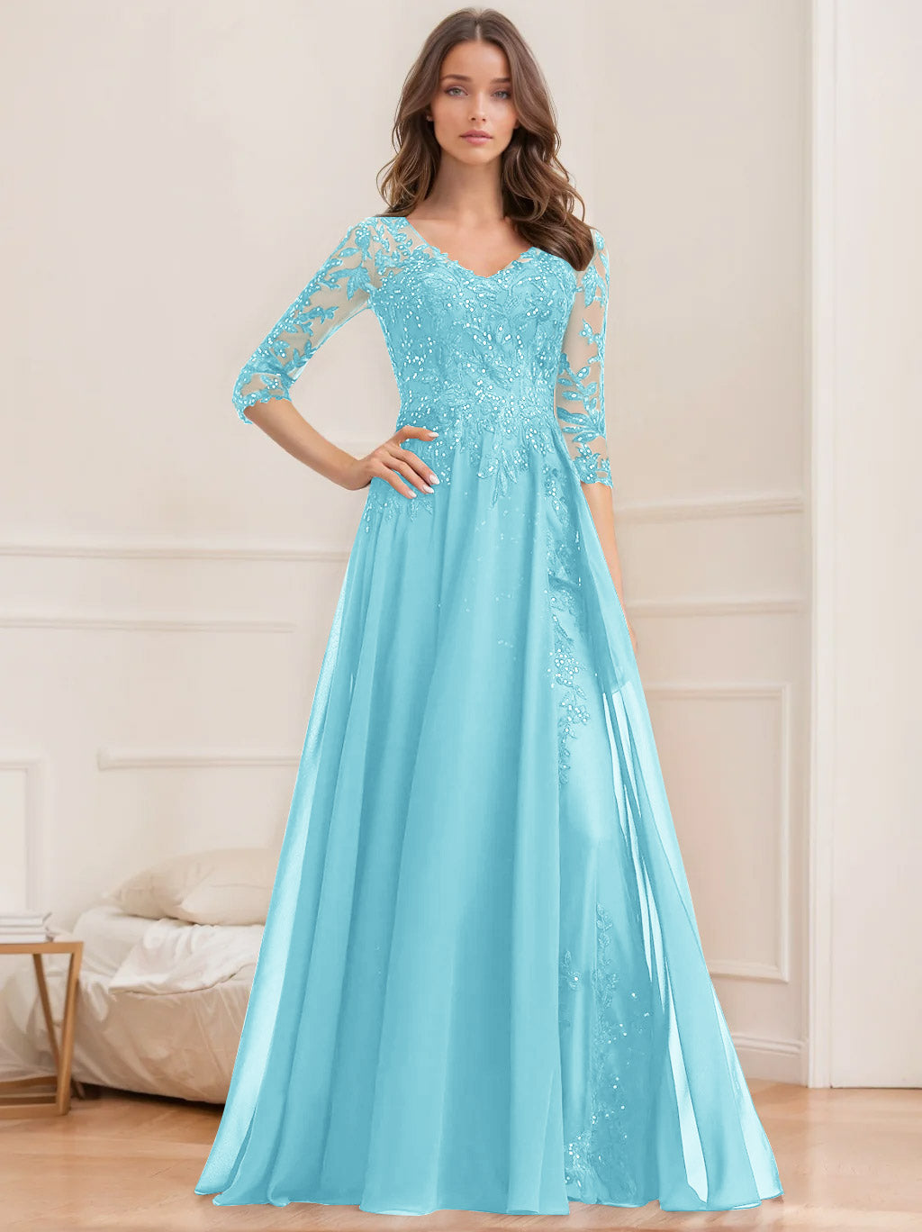 Floor Length V Neck A Line Princess Mother Of The Bride Dress With Sequins