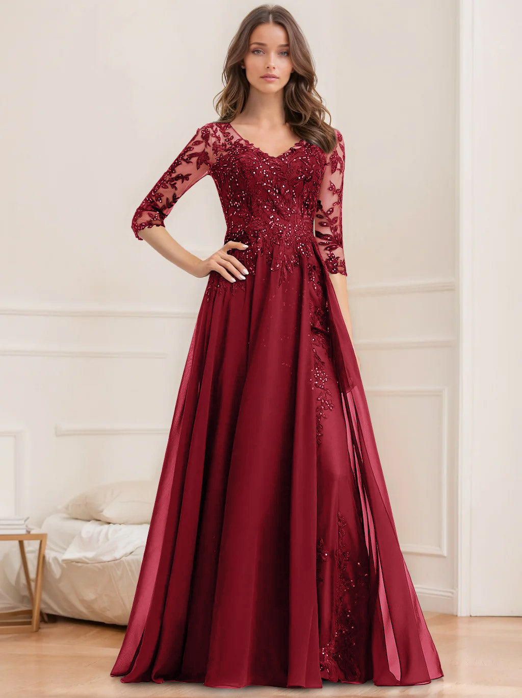 Floor Length V Neck A Line Princess Mother Of The Bride Dress With Sequins