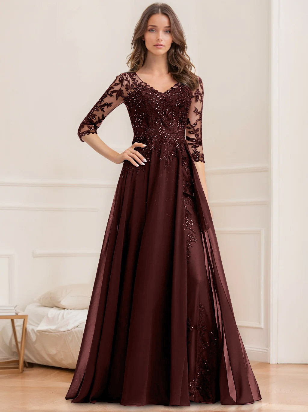 Floor Length V Neck A Line Princess Mother Of The Bride Dress With Sequins