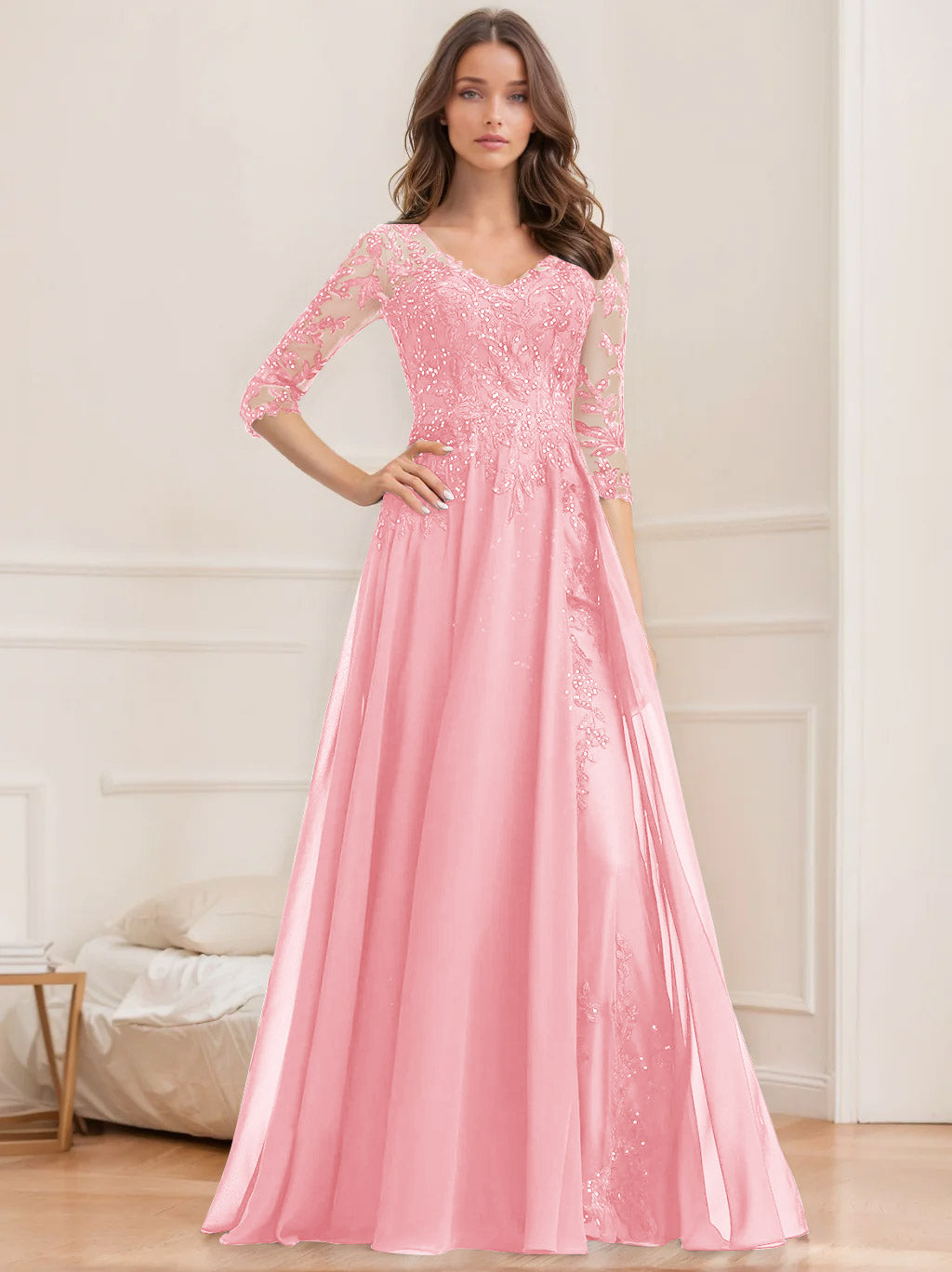 Floor Length V Neck A Line Princess Mother Of The Bride Dress With Sequins