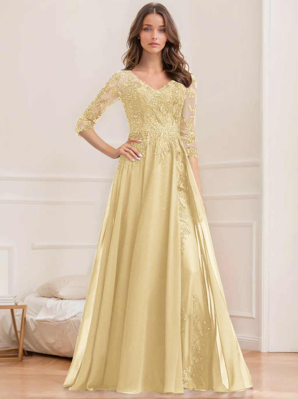 Floor Length V Neck A Line Princess Mother Of The Bride Dress With Sequins