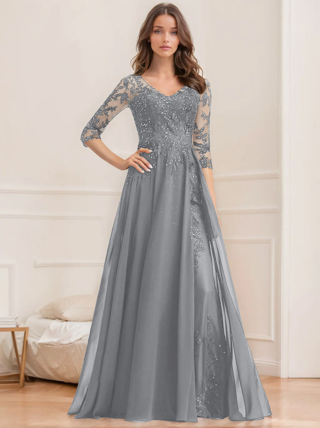 Floor Length V Neck A Line Princess Mother Of The Bride Dress With Sequins