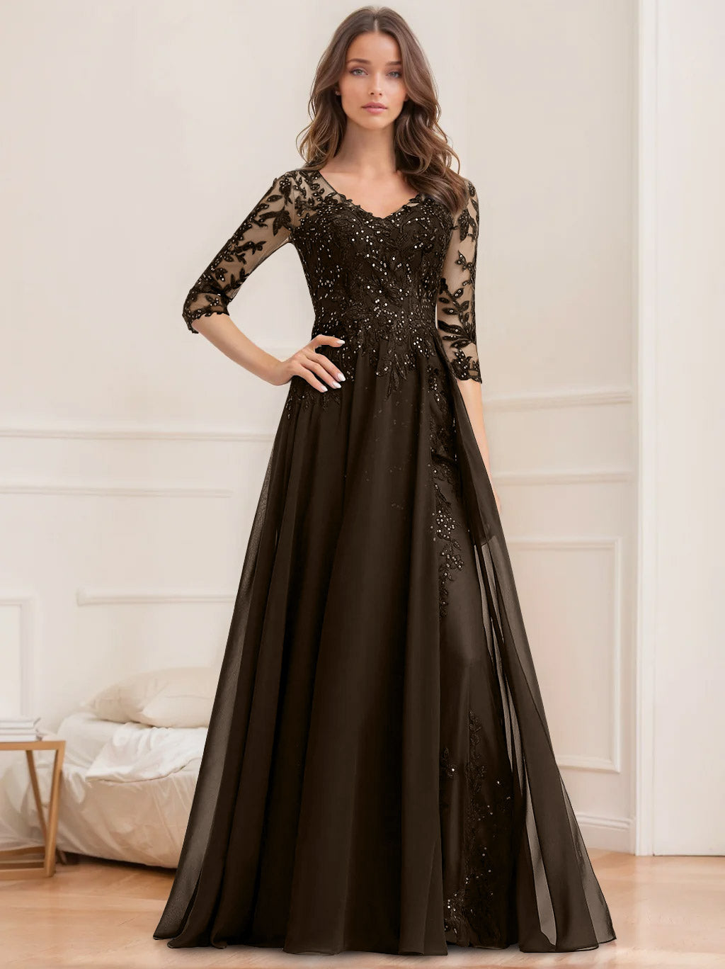 Floor Length V Neck A Line Princess Mother Of The Bride Dress With Sequins