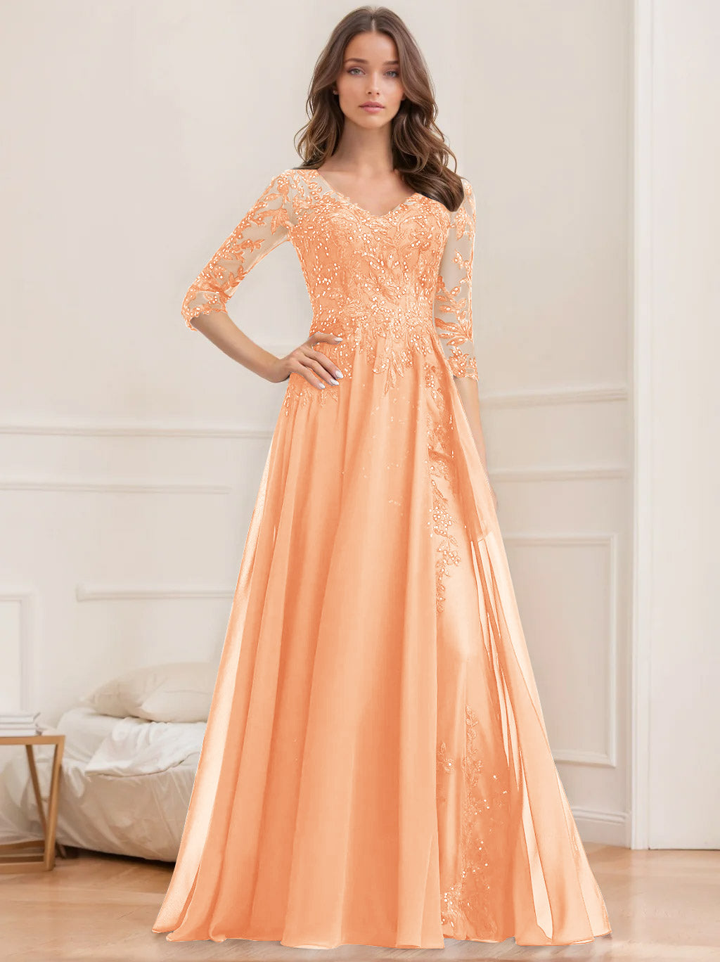 Floor Length V Neck A Line Princess Mother Of The Bride Dress With Sequins
