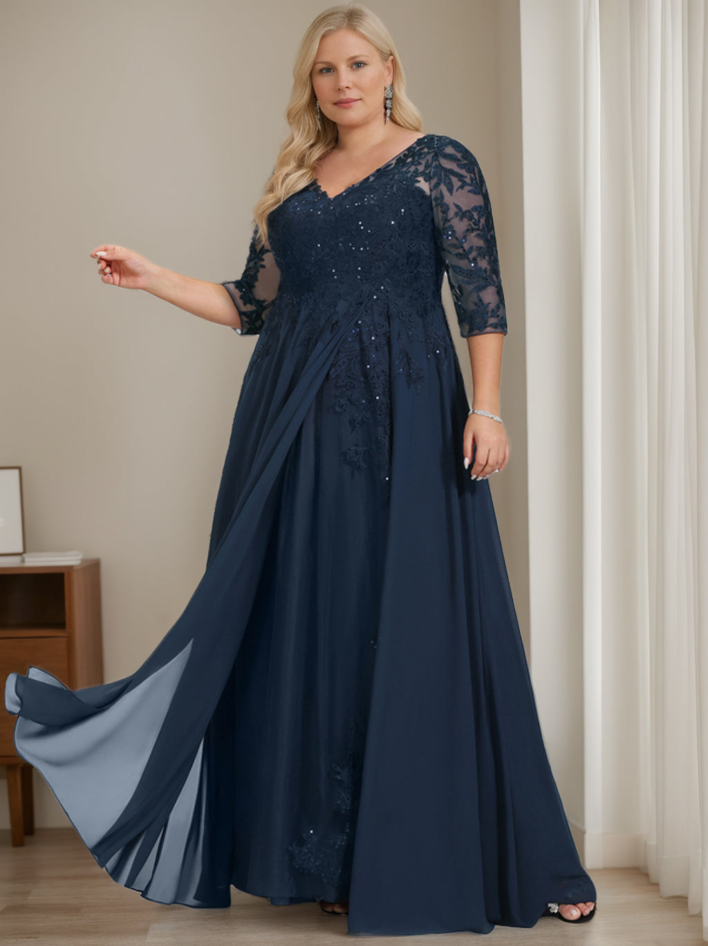 Plus Size V Neck A Line Princess Dress Mother Of The Bride Half Sleeves Sequins