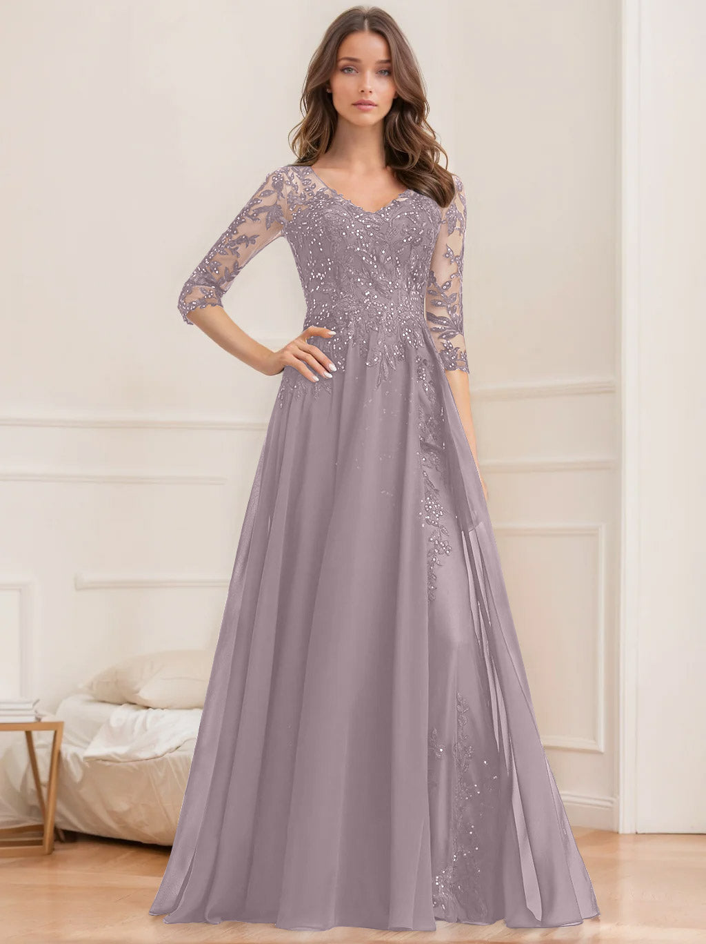 Floor Length V Neck A Line Princess Mother Of The Bride Dress With Sequins