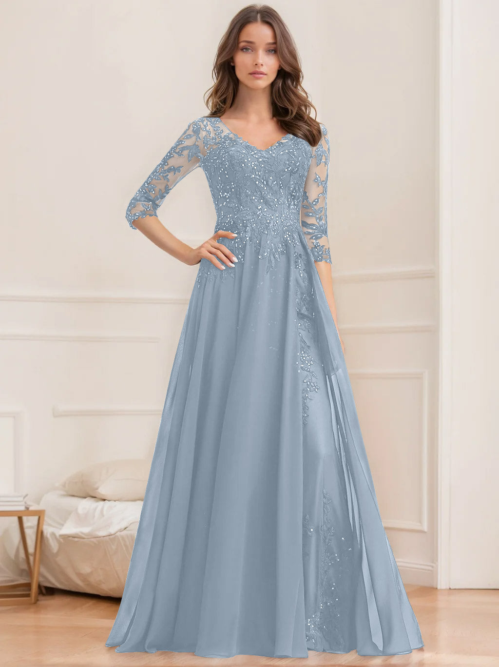 Floor Length V Neck A Line Princess Mother Of The Bride Dress With Sequins